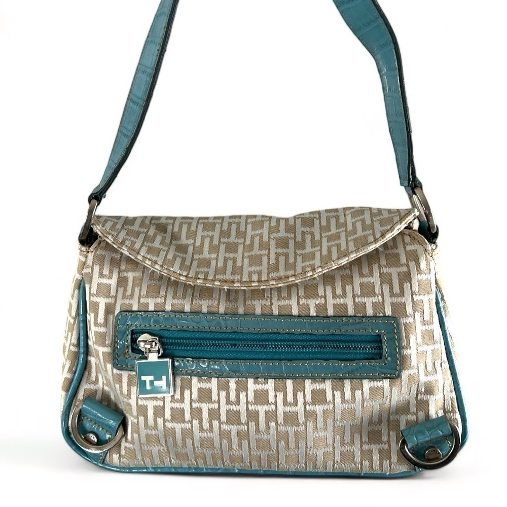 TOMMY HILFIGER Preppy Y2K Logo Tan & Teal Small Handbag With Silver Accent